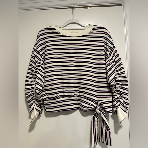 NWOT Kensie Womens Sz:S striped tie-waist ruched sleeve Pullover sweatshirt. - Picture 1 of 11